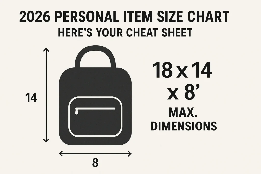 2026 personal item size chart showing standard airline under-seat bag dimensions as a quick cheat sheet for travelers
