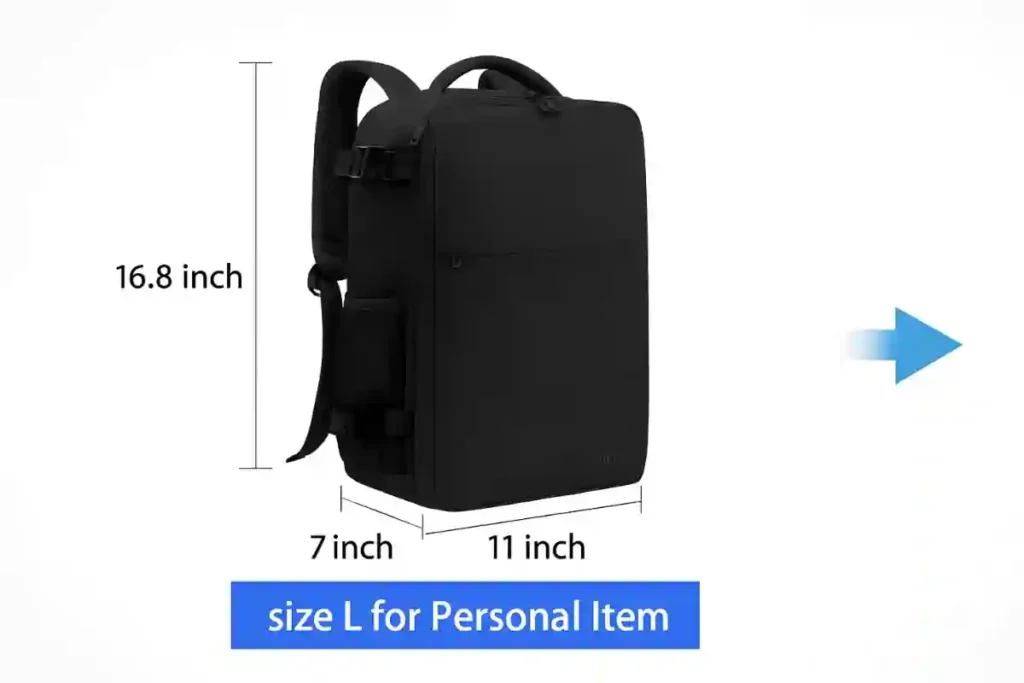 Amazon travel backpack sized to fit major airline personal-item requirements, showing compact dimensions suitable for underseat storage on most U.S. carriers.