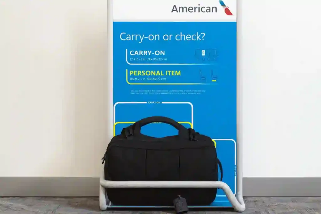 Lightweight Amazon travel backpack placed inside the American Airlines personal item sizer, demonstrating it meets the airline’s underseat and personal item size requirements.