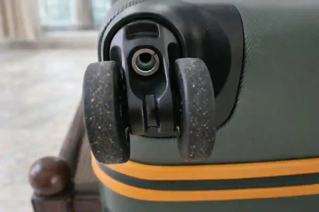Close-up of Mokobara trolley bag dual-spinner wheels designed for smooth, quiet rolling and long-term durability