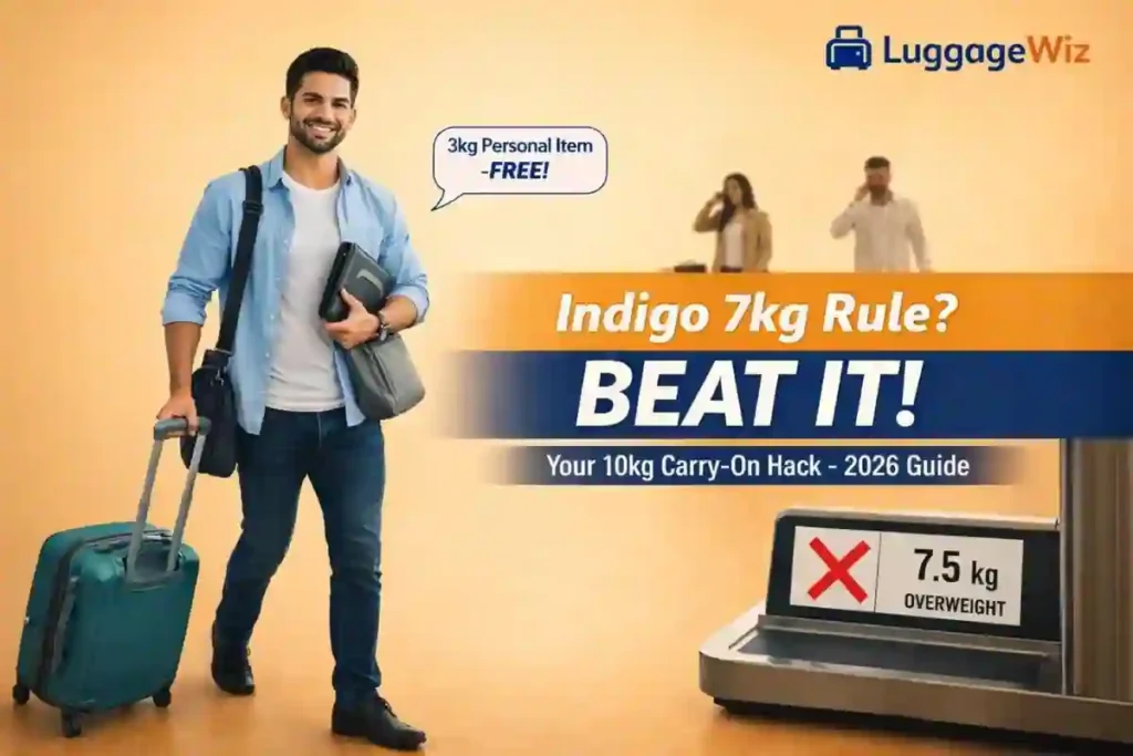 IndiGo cabin baggage rules 2026 showing 7kg trolley bag and 3kg personal item allowance