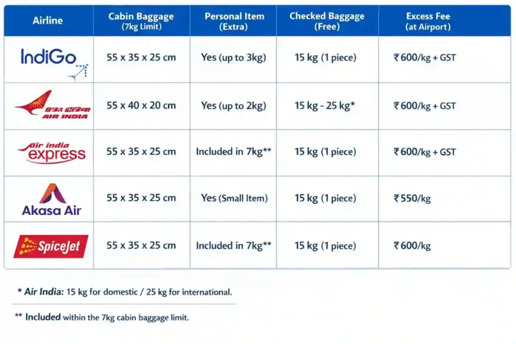 Indian airline baggage rules comparison showing cabin baggage size, 7kg limit, personal item and excess fees