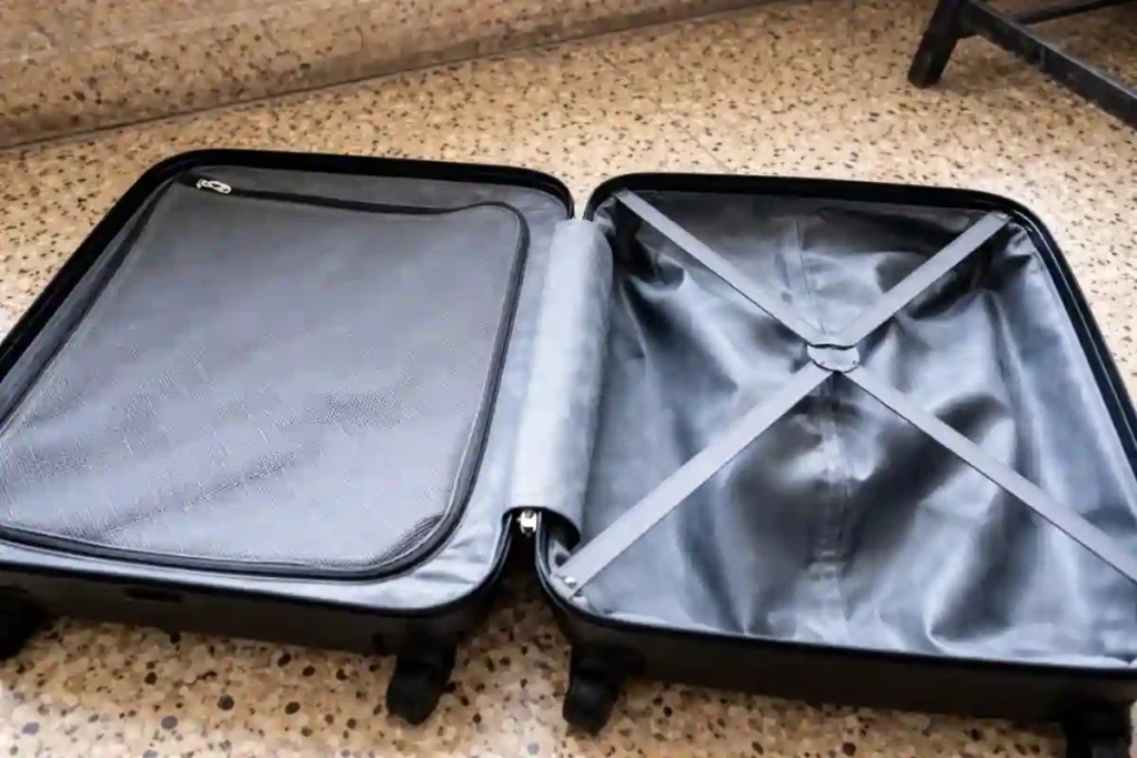Inside view of Kamiliant American Tourister Cabin Harrier, a best hard shell trolley bag under 2000, showing zippered mesh pocket and cross straps for organised packing