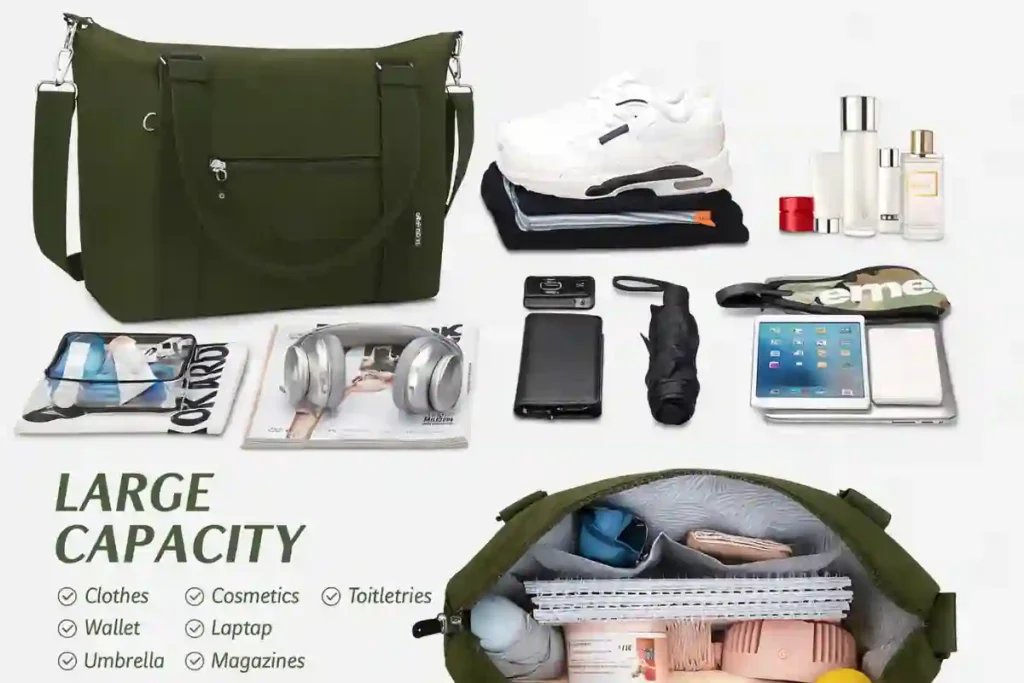 Women’s large-capacity travel tote bag displayed with clothing, shoes, cosmetics, toiletries, electronics, and other essentials to show how roomy and affordable the bag is for everyday or travel use.