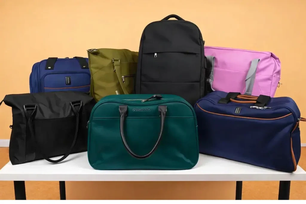 7 Best under-seat personal-item bags—including backpacks, totes, duffels, and travel totes—in various colors displayed on a table, representing the top under-seat bags tested across 20 major airlines.