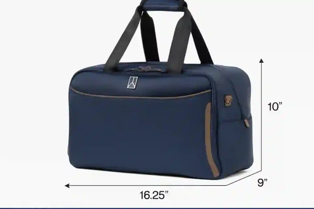Travelpro Crew Classic Tote underseat bag shown with dimensions labeled 16.25 inches wide, 10 inches tall, and 9 inches deep, highlighting its compact size for airline underseat fit.