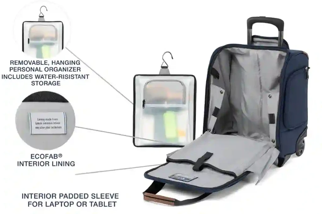 Interior of Travelpro underseat roller showing clothing and tech organizer panel
