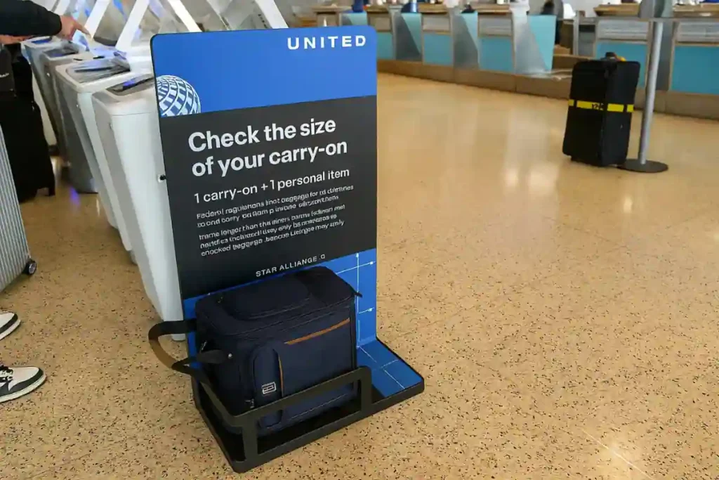 United Airlines carry-on and personal item size checker with a small suitcase placed inside the sizer at an airport check-in area