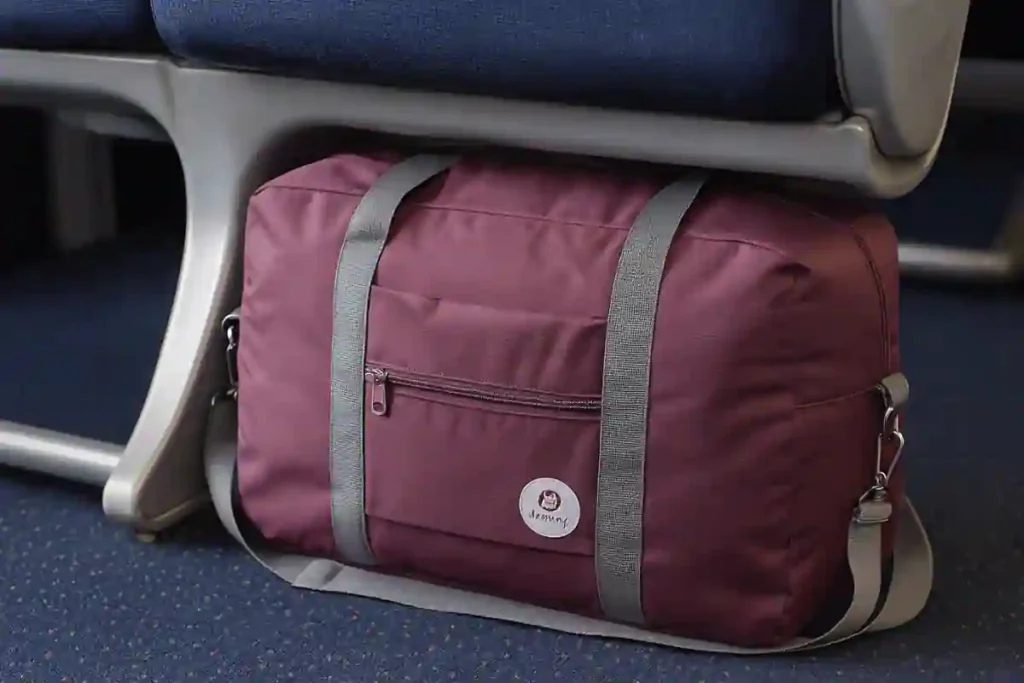 Viral Amazon purple personal item bag shown fitting under an airplane seat, highlighting its ultra-budget design and ability to qualify as an underseat personal item.