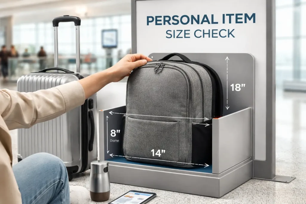 Traveler placing a backpack into an airline personal item size checker at the airport, showing what counts as a personal item for flights based on size limits