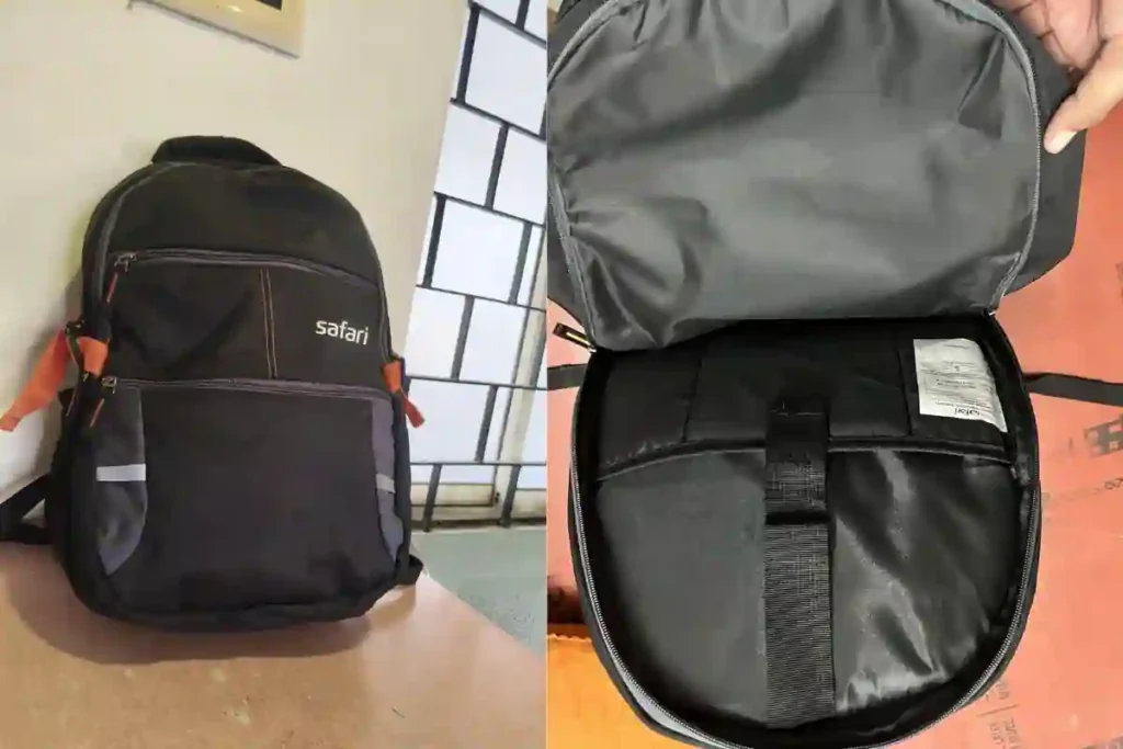 Safari laptop backpack showing front design and padded laptop compartment with Velcro strap for daily college and office use
