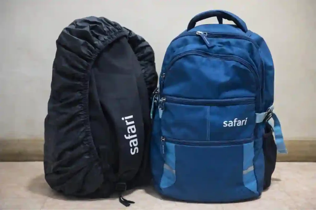 Safari Omega 30L laptop backpack shown with included rain cover, designed for college and daily commuting in Indian monsoons