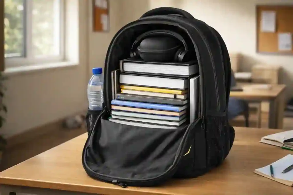 Safari Omega 35L backpack storage test with books, notebooks, 15.6-inch laptop, headphones, and water bottle demonstrating high-capacity design