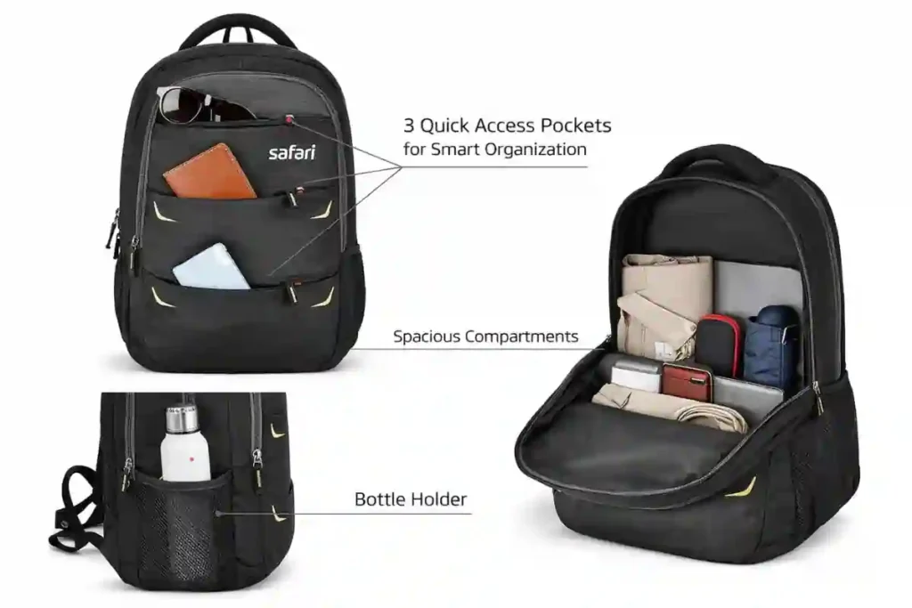 Safari Omega Pro 35L backpack in black color showing front design, quick-access pockets, and sturdy build for daily college and office use