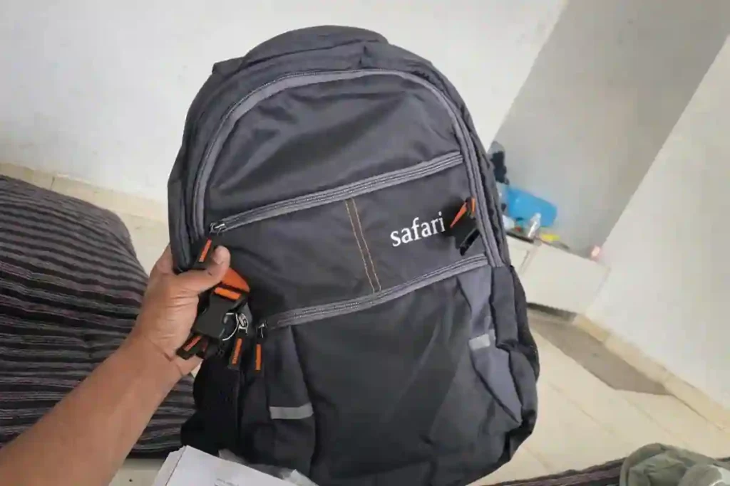 Front view of Safari Omega Spacious 30L laptop backpack showing design, size, and storage layout