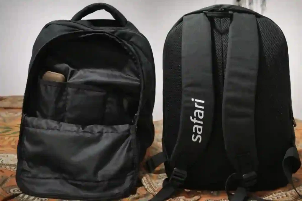 Safari Omega Spacious 30L backpack worn by commuter showing padded shoulder straps and daily carry comfort