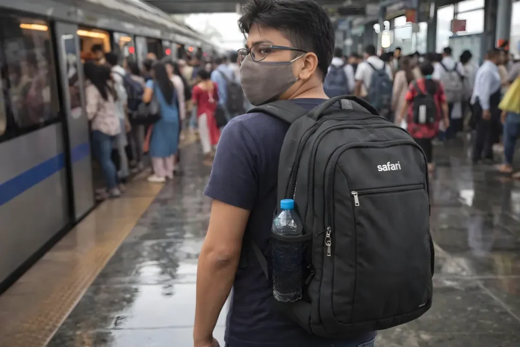 Safari Omega Spacious 30L laptop backpack used during daily Delhi Metro commute with rain cover pocket partially visible