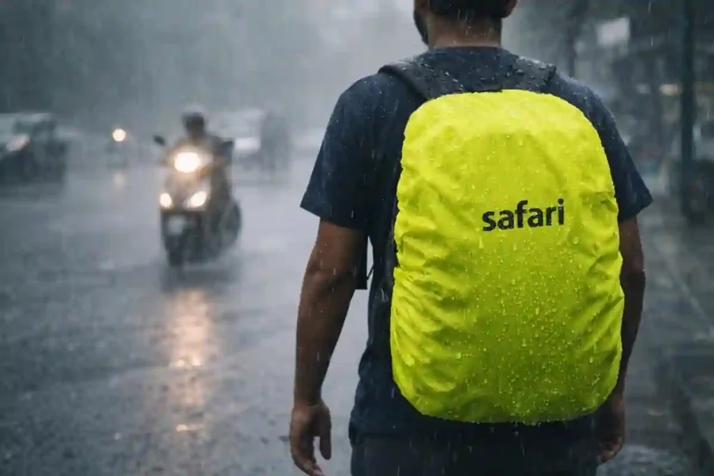 Safari Omega Spacious 30L backpack rain cover protecting bag during heavy rain conditions