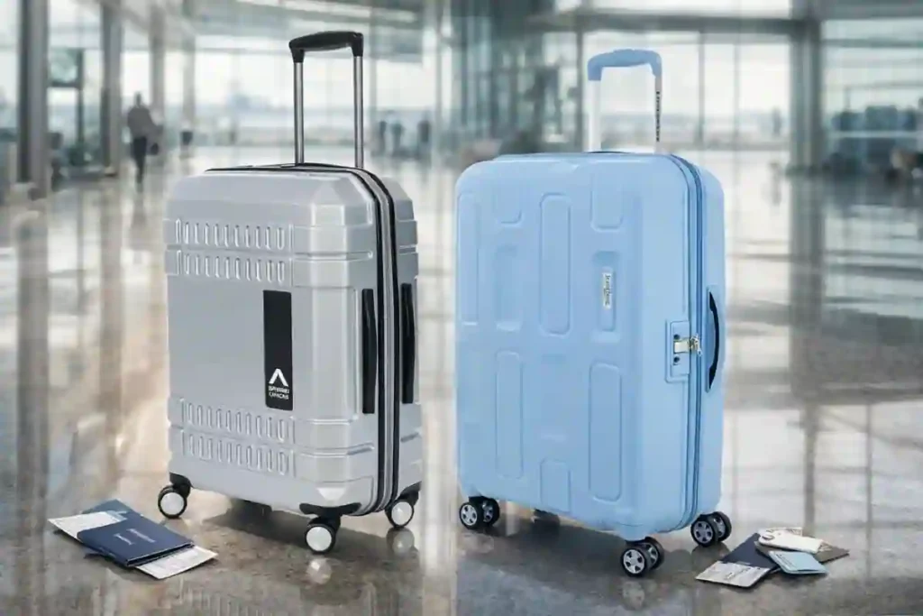 Uppercase Bullet and American Tourister Ivy trolley bags showing size, weight, wheels, and security features
