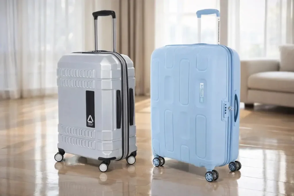 Uppercase and American Tourister hard-shell trolley bags side by side for a real-world 2026 comparison