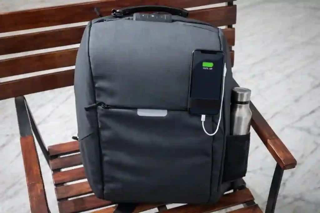 Red Lemon Bange budget backpack showing clamshell opening, padded laptop sleeve, and large storage for students and professionals