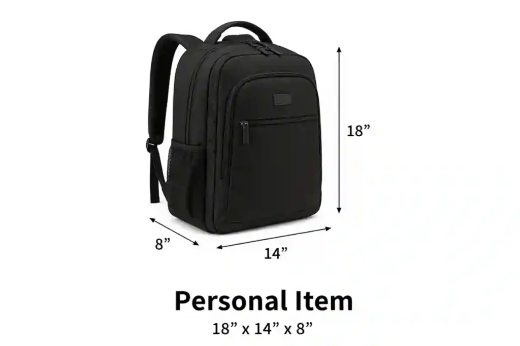 diagram showing Spirit Airlines free personal item size limit 18 x 14 x 8 inches for 2026 flights