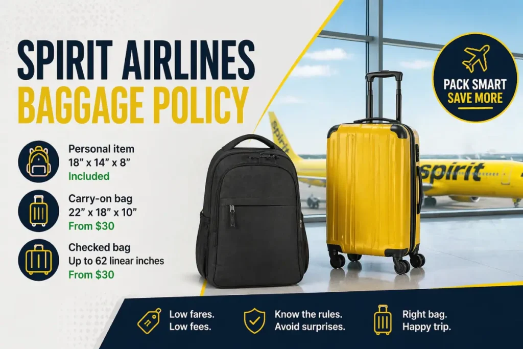 Spirit Airlines personal item size 2026 showing 18 x 14 x 8 inch bag dimensions and under-seat fit guide
