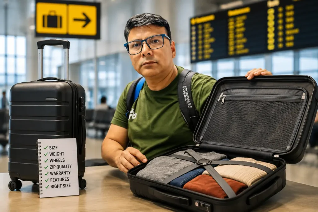 7 Luggage Buying Mistakes That’ll Make You Regret Your Purchase Traveler at airport struggling with oversized luggage at check-in counter