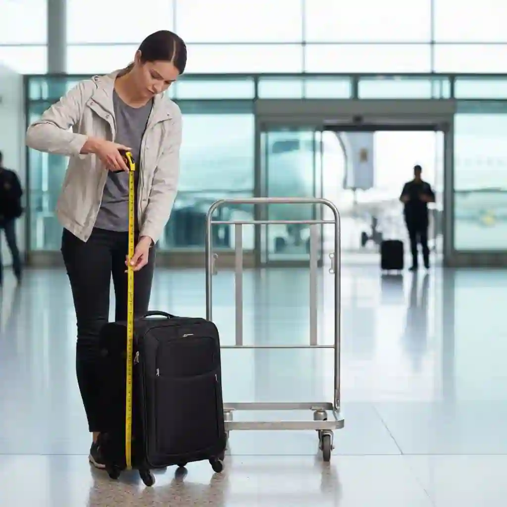Traveler placing carry-on suitcase into airport metal size checker frame to verify 2026 airline baggage rules compliance