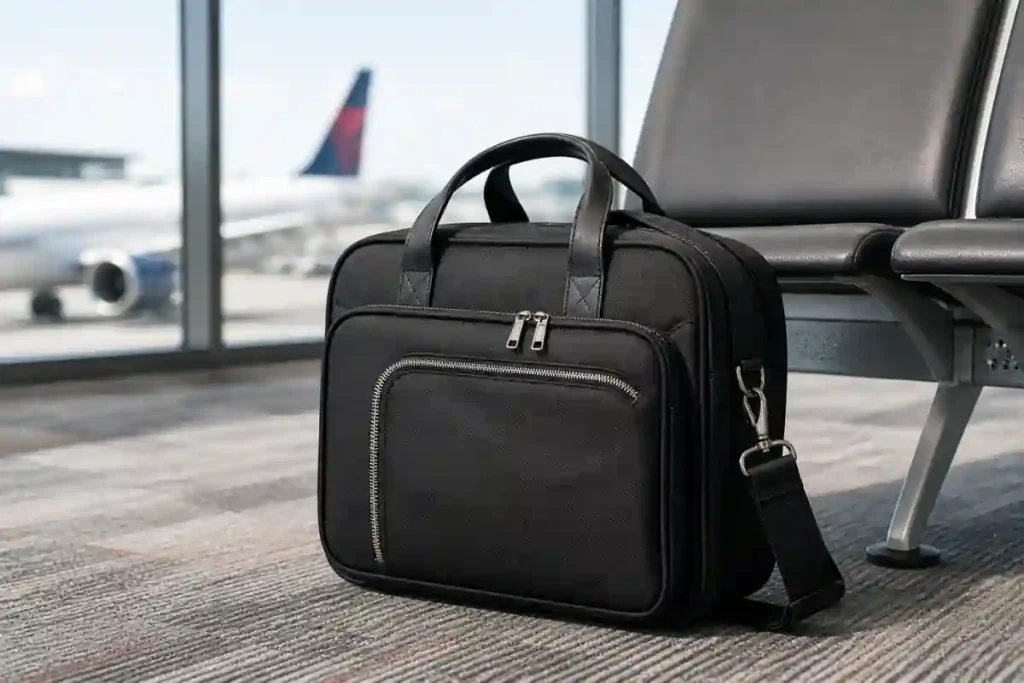 Close-up of a cabin bag being tested in a Ryanair metal sizer frame at airport gate showing strict personal item size enforcement