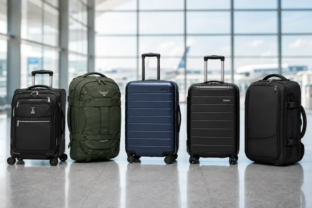 Modern carry-on luggage and travel backpacks with laptop compartments lined up inside an airport terminal for business and digital nomad travel.