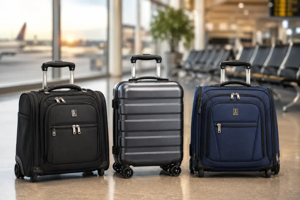 Compact underseat rolling luggage with spinner and inline wheels arranged in a modern airport-inspired interior for 2026 travel