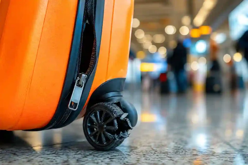 Luggage Buying Mistakes -Broken suitcase wheel during travel at busy airport terminal