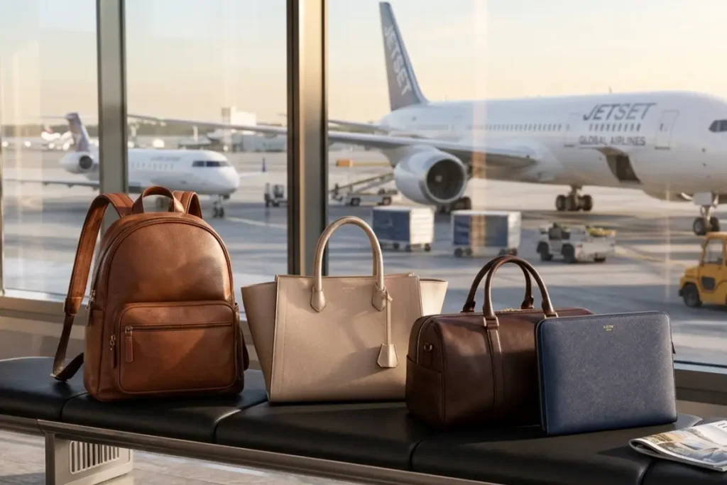 Comparison of backpack and handbag personal items for flying, showing a traveler with a backpack and a traveler with a tote bag in an airport terminal, highlighting different travel scenarios and airline compatibility.