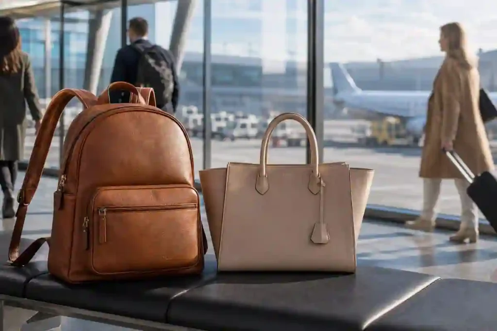 Comparison of backpack and handbag personal items for flying, showing a traveler with a backpack and a traveler with a tote bag in an airport terminal, highlighting different travel scenarios and airline compatibility.