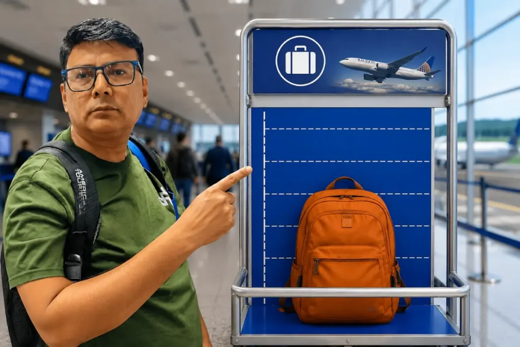 Travelers at airport gate being stopped due to strict carry-on luggage size and weight rules in 2026 enforcement