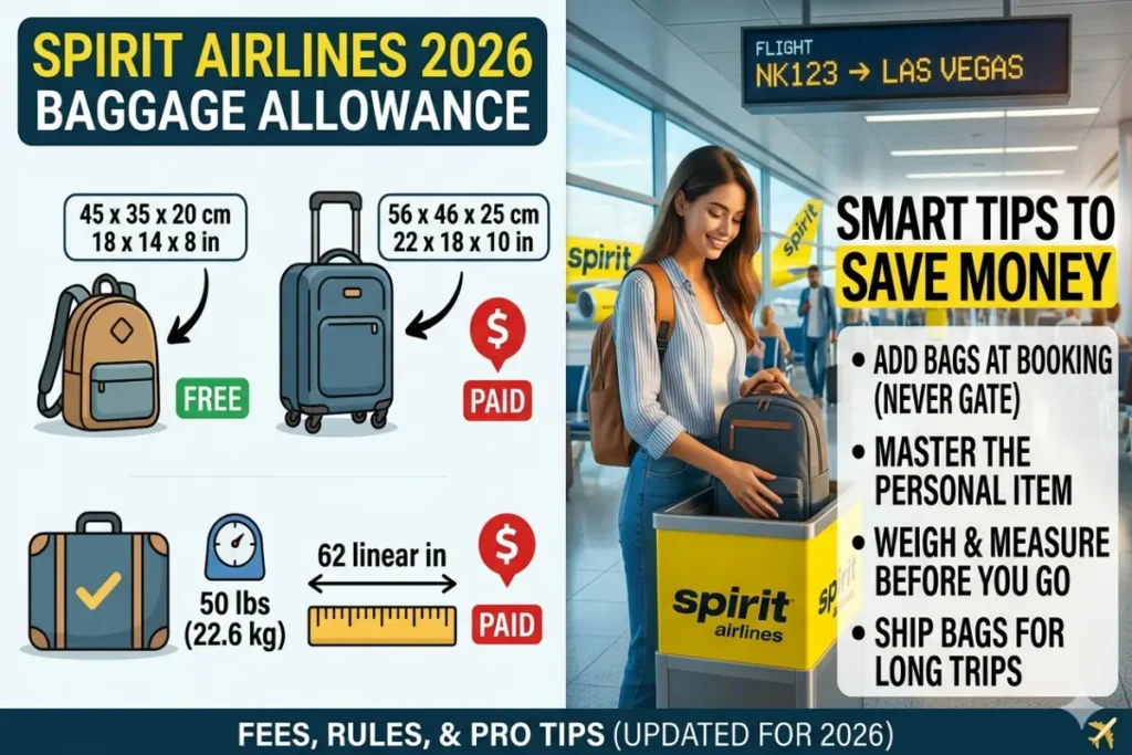 A split-panel infographic summarizing Spirit Airlines' 2026 baggage allowance and saving tips. The left side displays icons and specific dimensions for different bag types: 1) A backpack labeled as 'FREE' Personal Item (45 x 35 x 20 cm / 18 x 14 x 8 in). 2) A carry-on roller bag with a paid red dollar sign (56 x 46 x 25 cm / 22 x 18 x 10 in). 3) A larger checked suitcase with a paid red dollar sign, specifying a 50 lbs (22.6 kg) weight limit and 62 linear inch size limit. The right side features a realistic photo of a smiling female traveler with a backpack, successfully placing a small bag into a Spirit Airlines branded sizer box at an airport gate. Overhead, a flight information display reads 'FLIGHT NK123 -> LAS VEGAS'. To the right of the photo, a text box lists 'SMART TIPS TO SAVE MONEY', including: ADD BAGS AT BOOKING (NEVER GATE), MASTER THE PERSONAL ITEM, WEIGH & MEASURE BEFORE YOU GO, and SHIP BAGS FOR LONG TRIPS. The bottom footer banner reads: FEES, RULES, & PRO TIPS (UPDATED FOR 2026) with a small gold airplane logo.