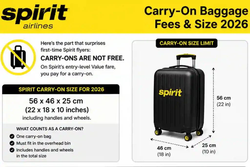 Spirit Airlines carry-on size limit 2026 56 x 46 x 25 cm with baggage fees comparison chart showing booking vs gate prices