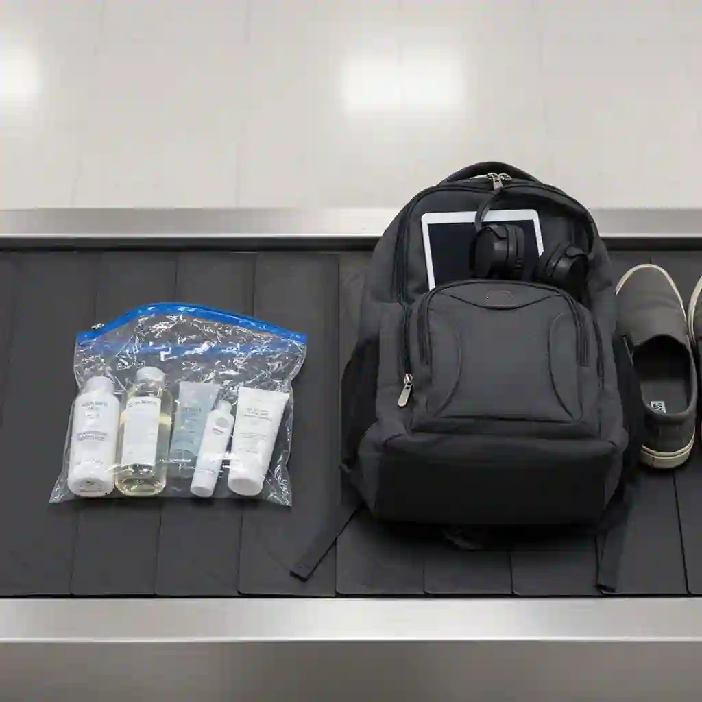 Clear plastic bag of liquids being inspected at TSA security checkpoint conveyor belt with laptop and travel items