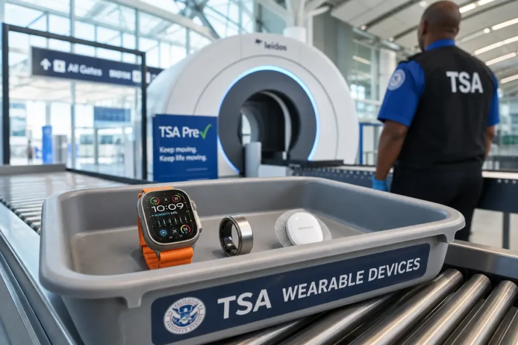 TSA Wearable Device Rules 2026: Apple Watch, CGM, Insulin Pump, Smart Ring — Everything You Need Before You Fly 1 Smartwatches, smart glasses, a smart ring, fitness tracker, and medical wearable devices placed in an airport TSA security tray before screening.