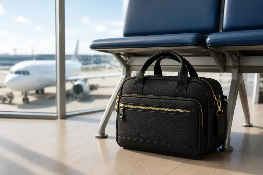 Traveler placing a structured bento bag under an airplane seat at a UK airport gate while airline staff checks bag size in a sizer frame