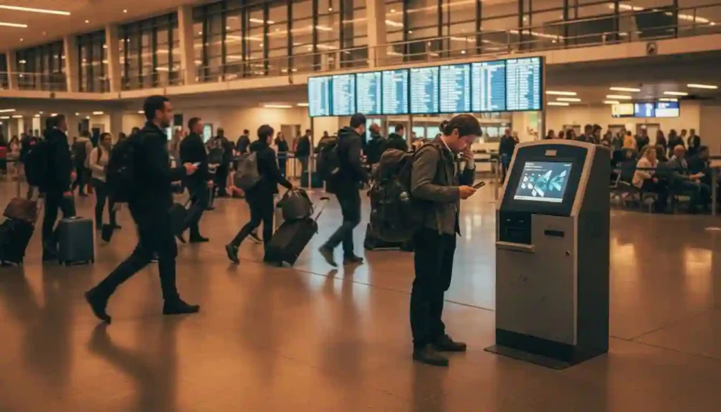 Airport gate agent charging passenger extra fee for oversized carry-on bag before boarding a budget airline flight