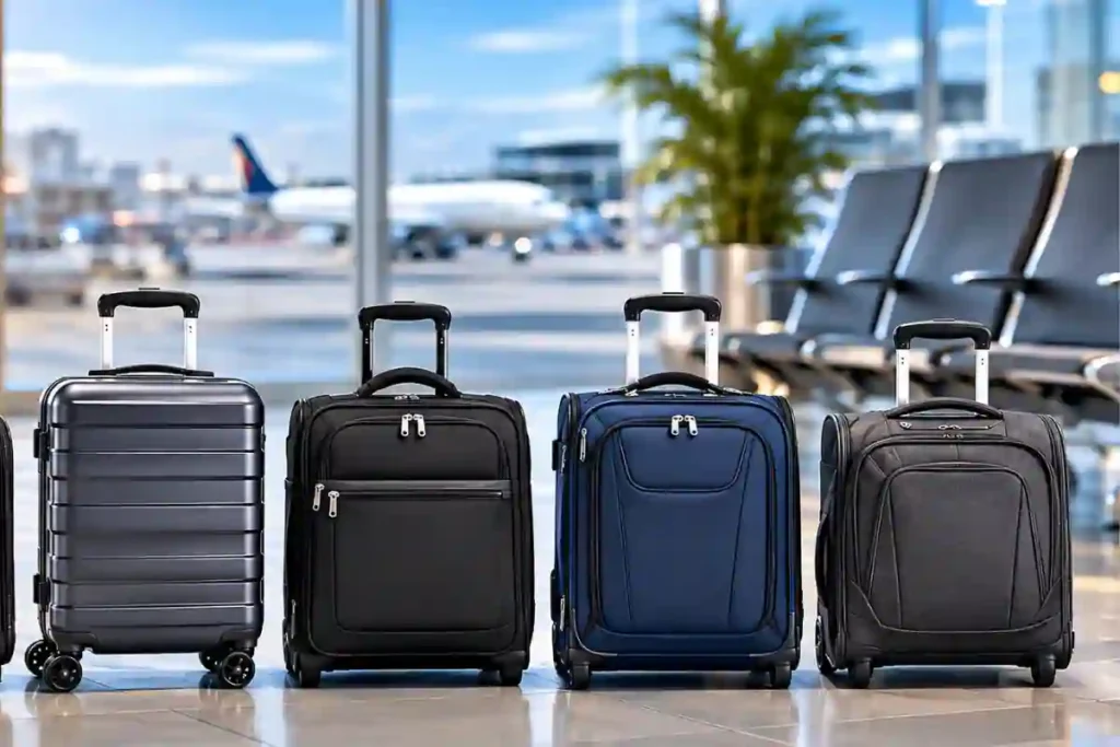 Different underseat carry-on bags with wheels lined up for airline travel size comparison in 2026