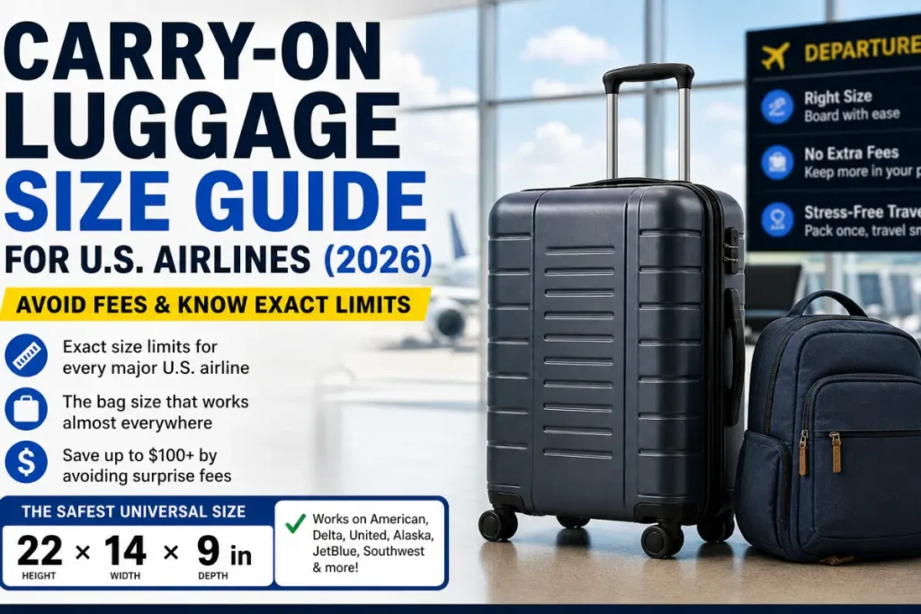 Carry-on luggage size guide for U.S. airlines 2026 showing standard 22x14x9 inch bag to avoid fees