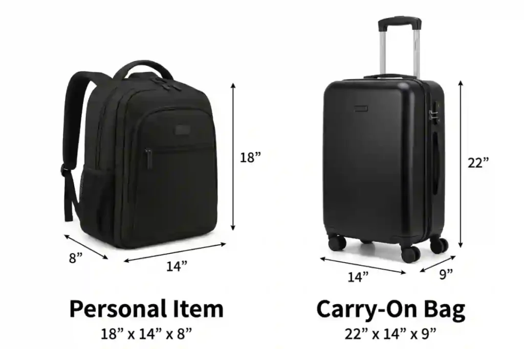 Side-by-side size comparison of a personal item bag (18x14x8 inches) and a carry-on suitcase (22x14x9 inches) for US airline travel