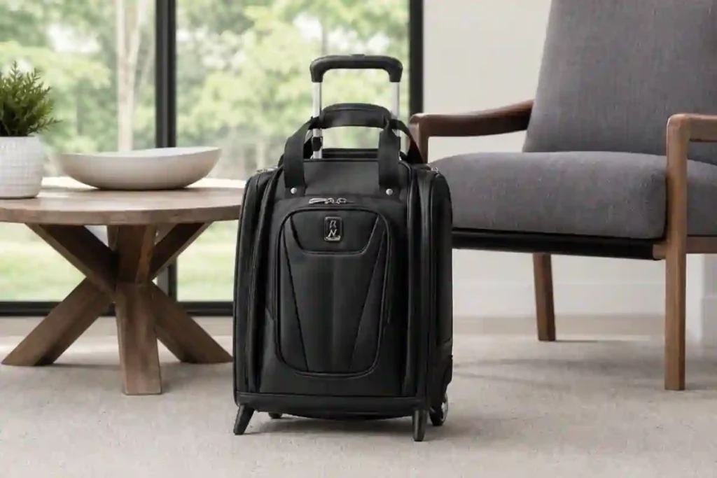 Travelpro Maxlite 5 rolling underseat carry-on bag placed beside an airport terminal seat