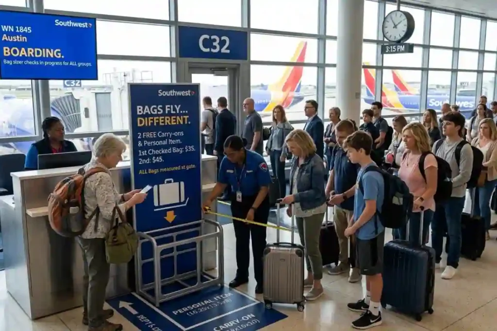 Passengers boarding a Southwest Airlines flight in 2026 with carry-on bags and personal items under the updated baggage policy