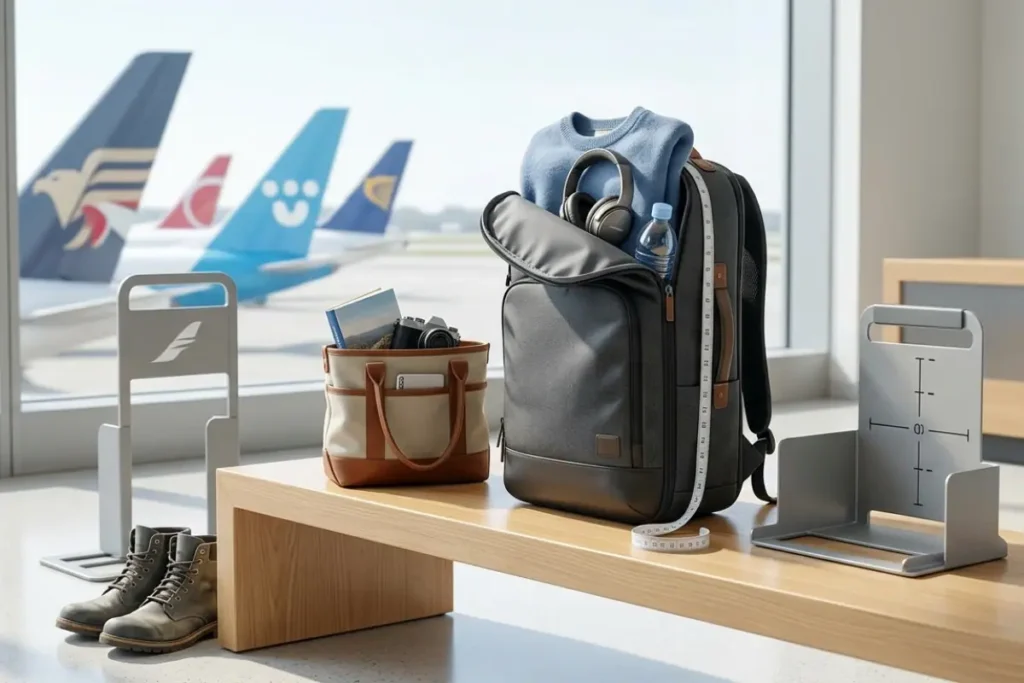 Comparison chart showing US airline personal item size limits in 2026, including American, Delta, United, Southwest, Spirit, and Frontier Airlines