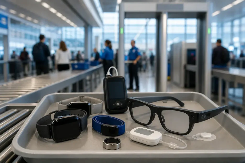 TSA Wearable Device Rules 2026: Apple Watch, CGM, Insulin Pump, Smart Ring — Everything You Need Before You Fly Smartwatches, smart glasses, a smart ring, fitness tracker, and medical wearable devices placed in an airport TSA security tray before screening.
