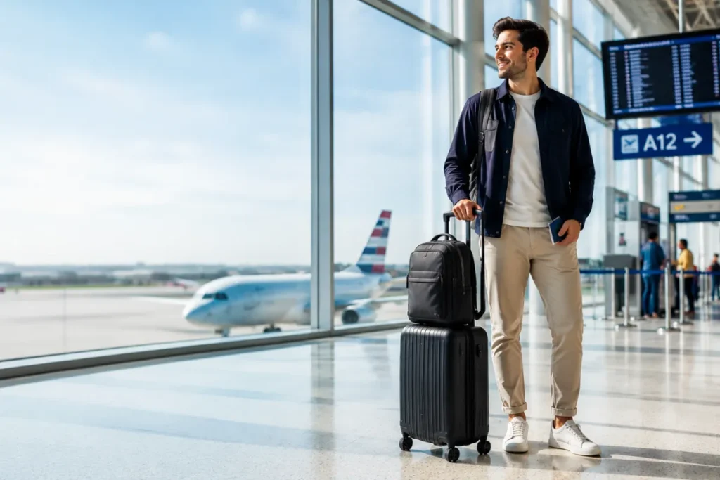 American Airlines Baggage Guide 2026 — Carry-On Rules, Fees & Sizes Traveler with an American Airlines carry-on suitcase and personal item inside a modern airport terminal